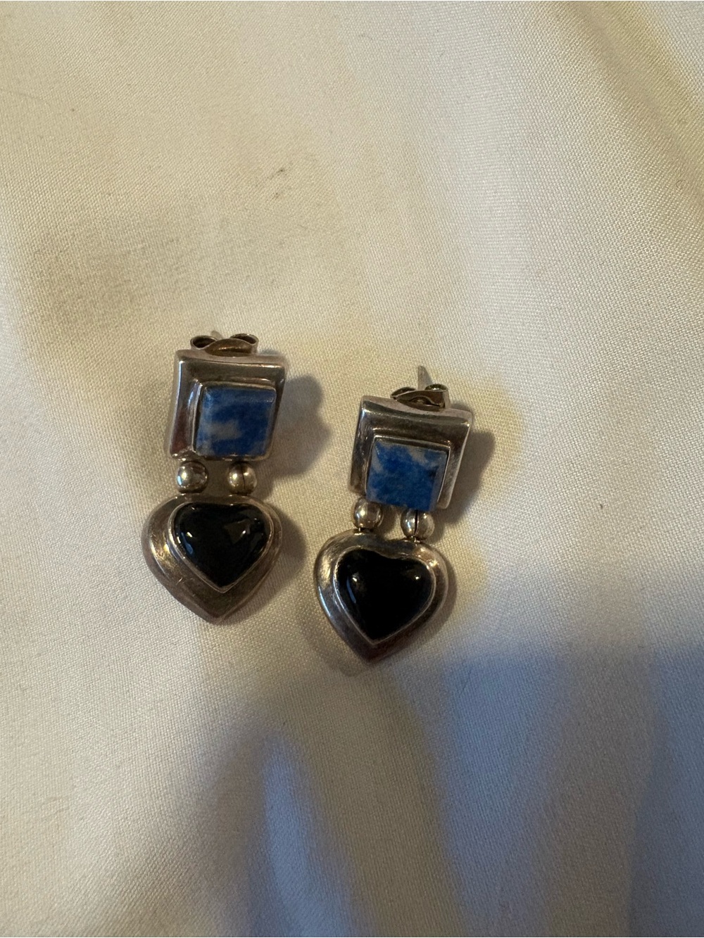 Sterling Silver Heart Drop Earrings with Blue and Black Stones